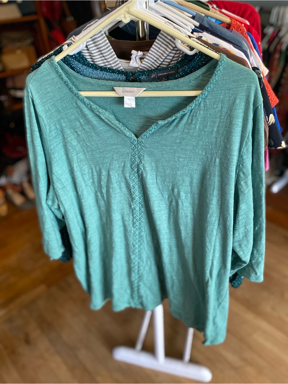 CJ Banks Teal V-Neck Textured Knit Top